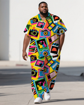 Men's Colorful Cartoon World Camera Printed Big & Tall Short-Sleeve Shirt Pants 2-Piece Sets